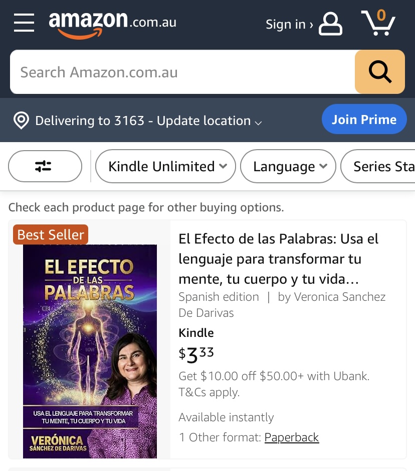Captura de Amazon que muestra la etiqueta Best Seller junto al libro El Efecto de las Palabras